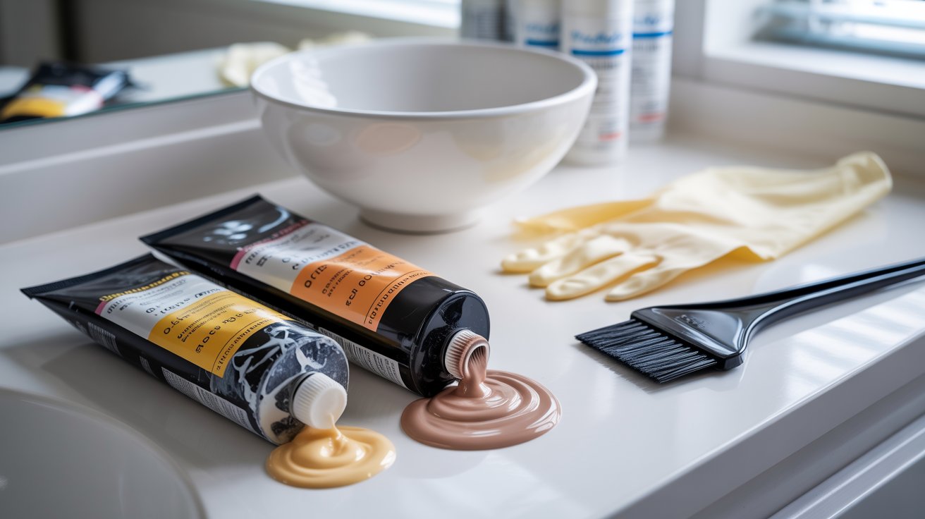 Expired hair dye products with separated formula displayed beside safe unopened dye and salon tools
