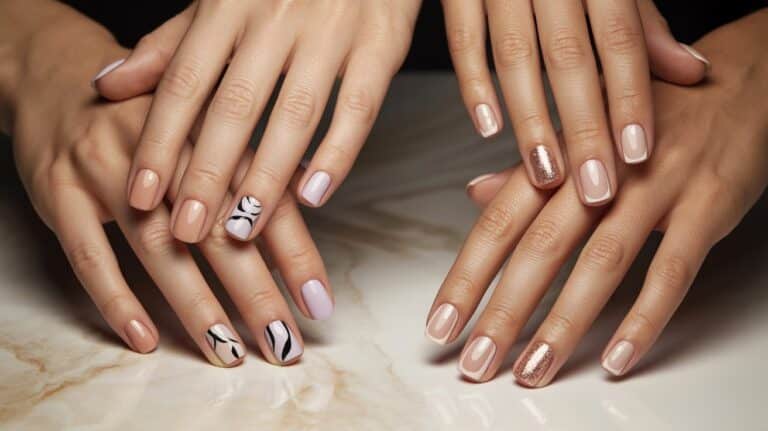 "Collage of square nail designs on manicured hands featuring seasonal styles including nude, pastel, French tip, and bold artistic nail art in a clean beauty studio setting"