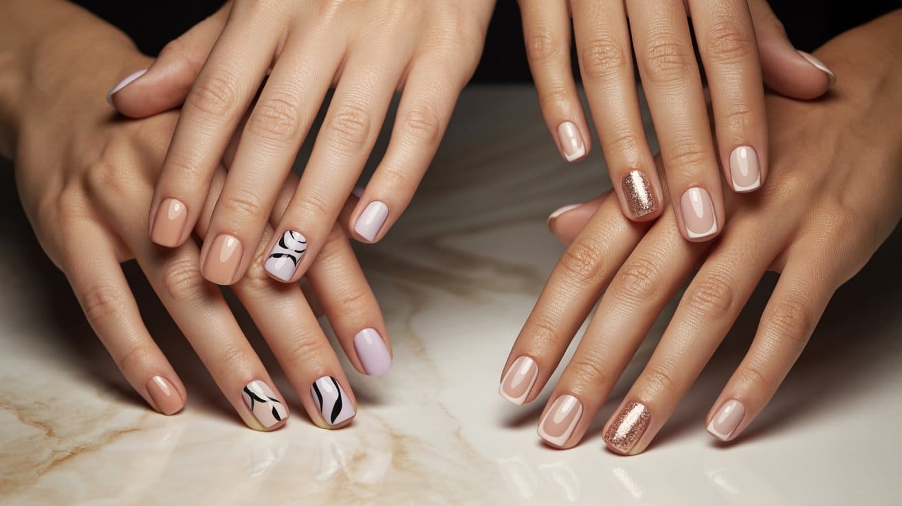 "Collage of square nail designs on manicured hands featuring seasonal styles including nude, pastel, French tip, and bold artistic nail art in a clean beauty studio setting"