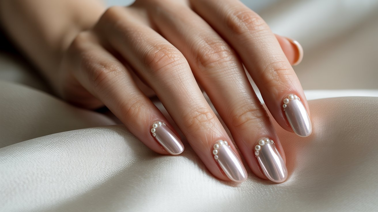 "Close-up of chrome nails with pearl details and a glossy pearlescent finish on an elegant hand resting on ivory satin fabric."