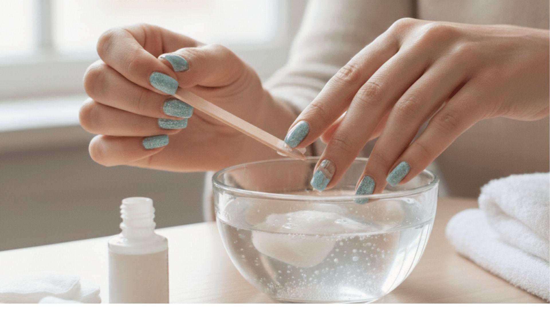 French manicure nails dipping into glass bowl of acetone to dissolve nail polish in 10 minutes