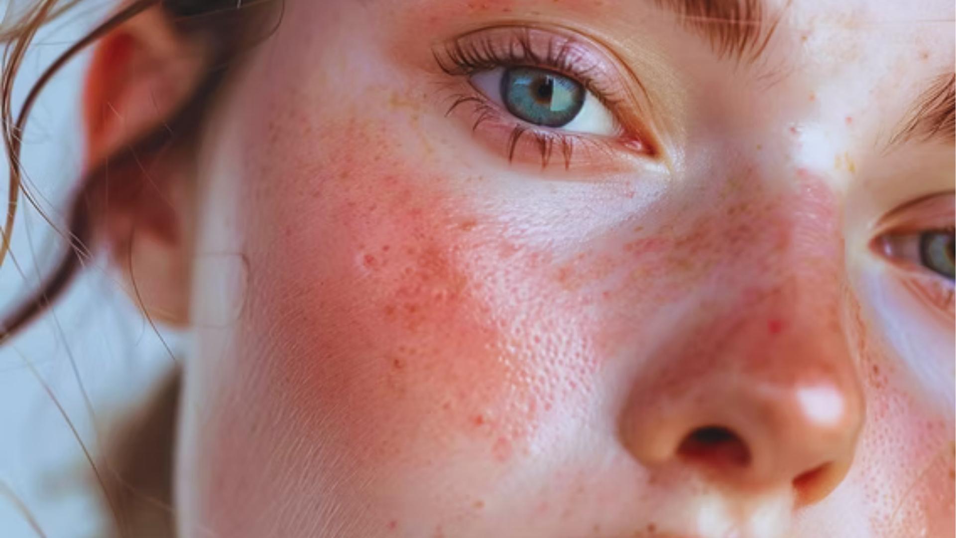 Close-up of woman's face showing freckles, redness, and sensitive skin texture that rose oil can soothe naturally.