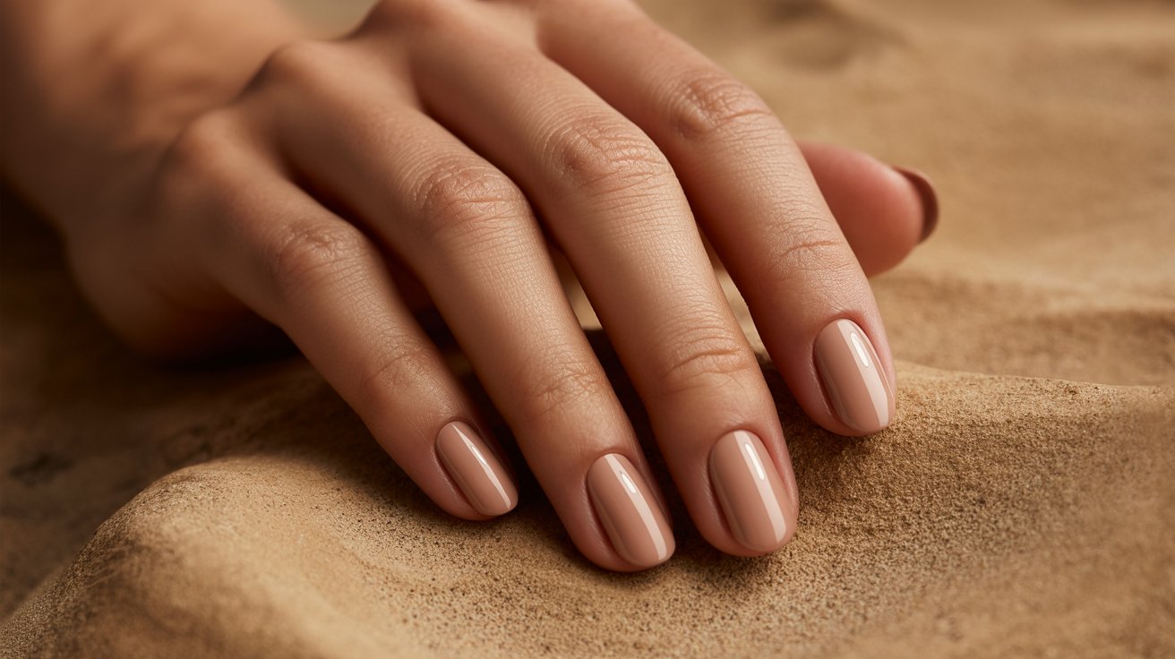 "Close-up of warm sand chrome nails with a beige-brown reflective finish on an elegant hand resting on a sandy stone surface in soft golden light."