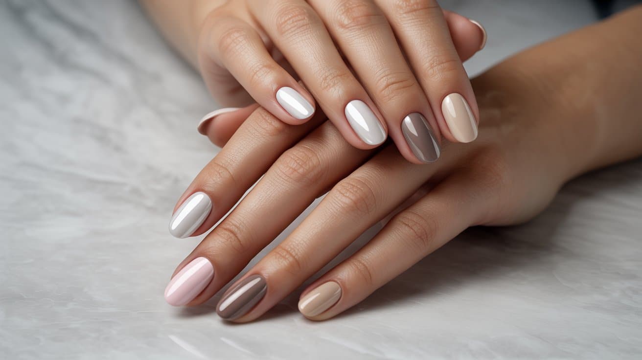 "Hand displaying neutral chrome nails in soft milky white, beige, pink, taupe, and mocha tones with a glossy reflective finish on a clean marble background."