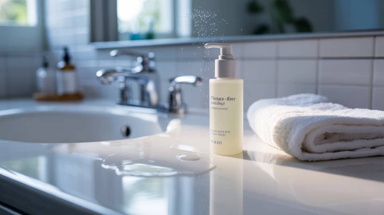 "Fragrance-free moisturizer bottle on a clean bathroom surface with towel and water droplets representing hydration for soothing irritation and skin recovery."