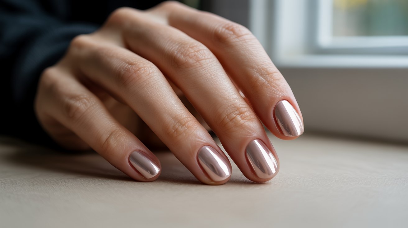 "Close-up of minimalist neutral chrome nails with a soft nude reflective finish on an elegant hand resting on an off-white surface."