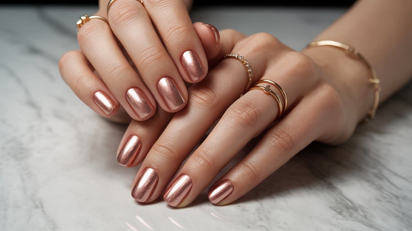 "Close-up of square-shaped nails with warm rose gold metallic shimmer on a well-manicured hand styled with subtle gold jewelry in a minimalist luxury photography setting"
