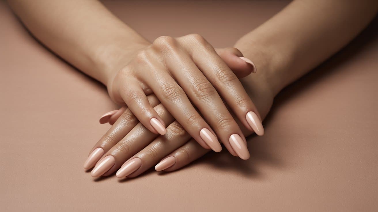 "Close-up of a hand with glossy nude lipstick-shaped acrylic nails resting on a warm beige surface in a minimalist salon setting."