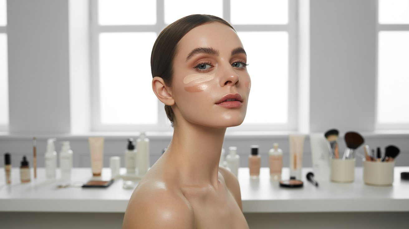 Oval face woman applying natural glowing makeup with soft blush and subtle highlighter