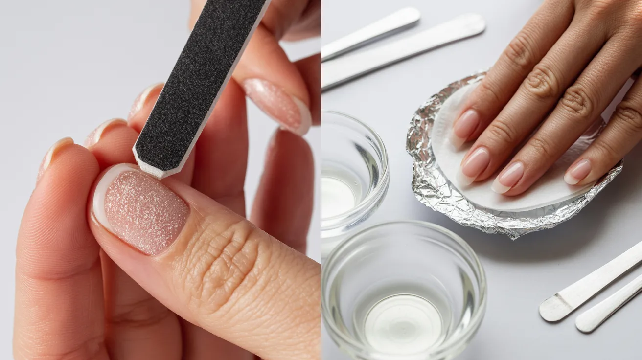 comparison of builder gel removal by filing and regular gel polish removal using acetone soak wraps.
