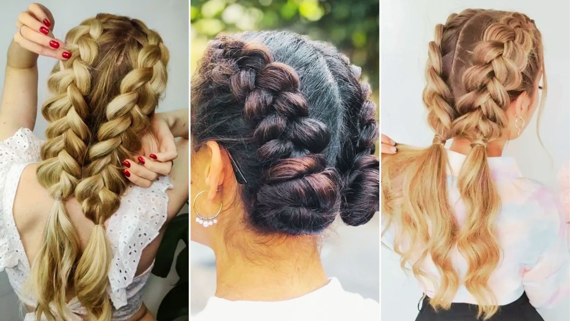 Three side by side photos of chunky double braids with tied ends and loose wavy tails