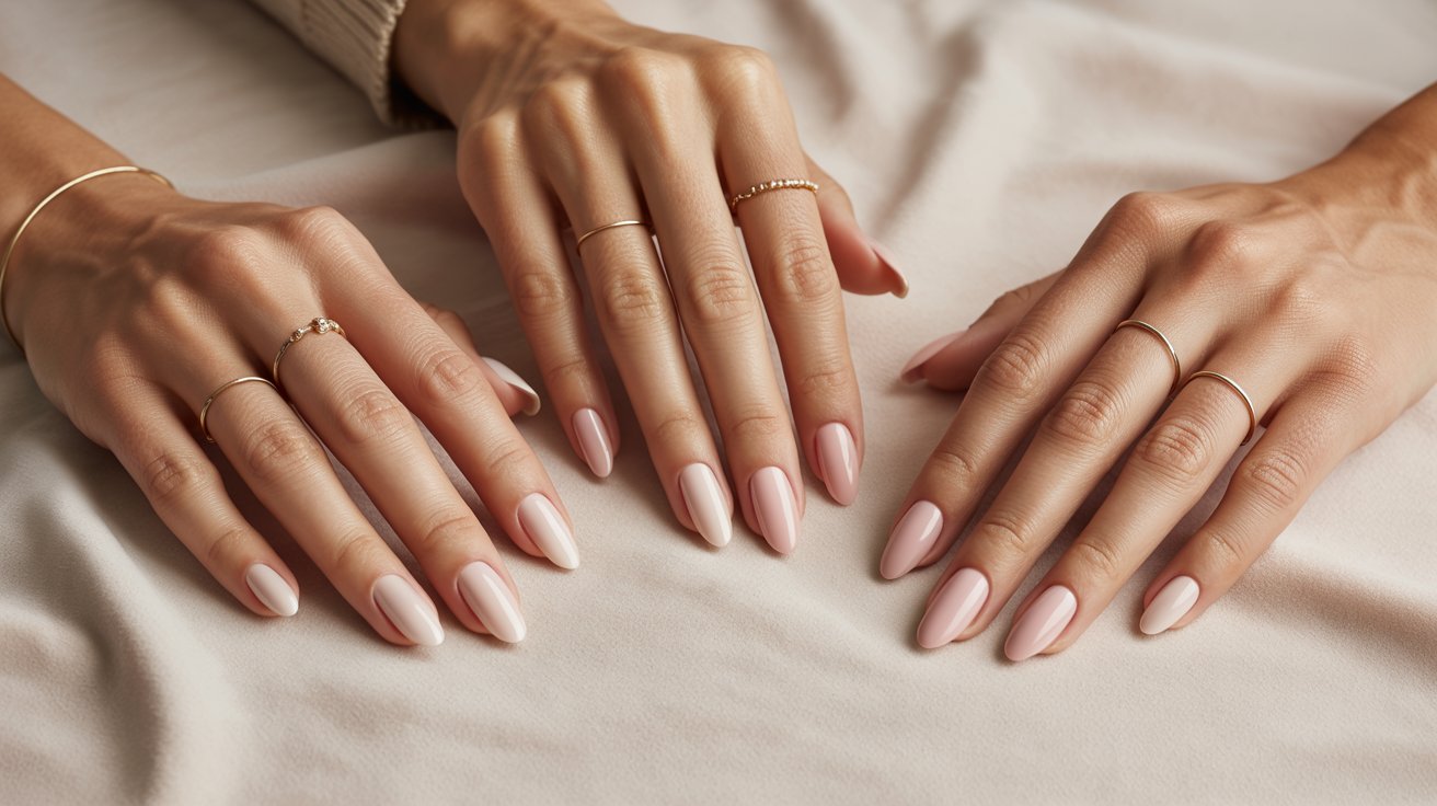 Different hand types styled with oval and almond nail shapes in glossy nude manicures.