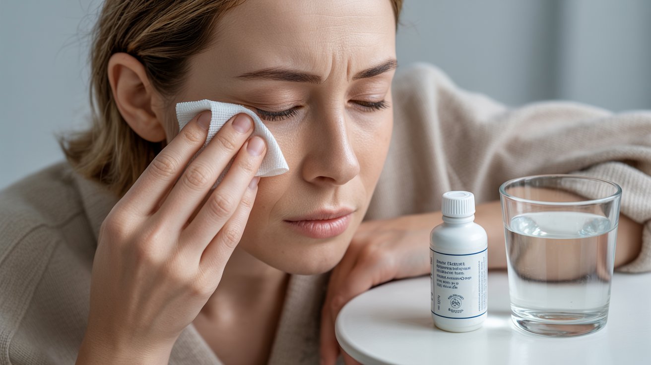 Person resting irritated eye beside saline solution after failed eyelash removal attempts and repeated rinsing.