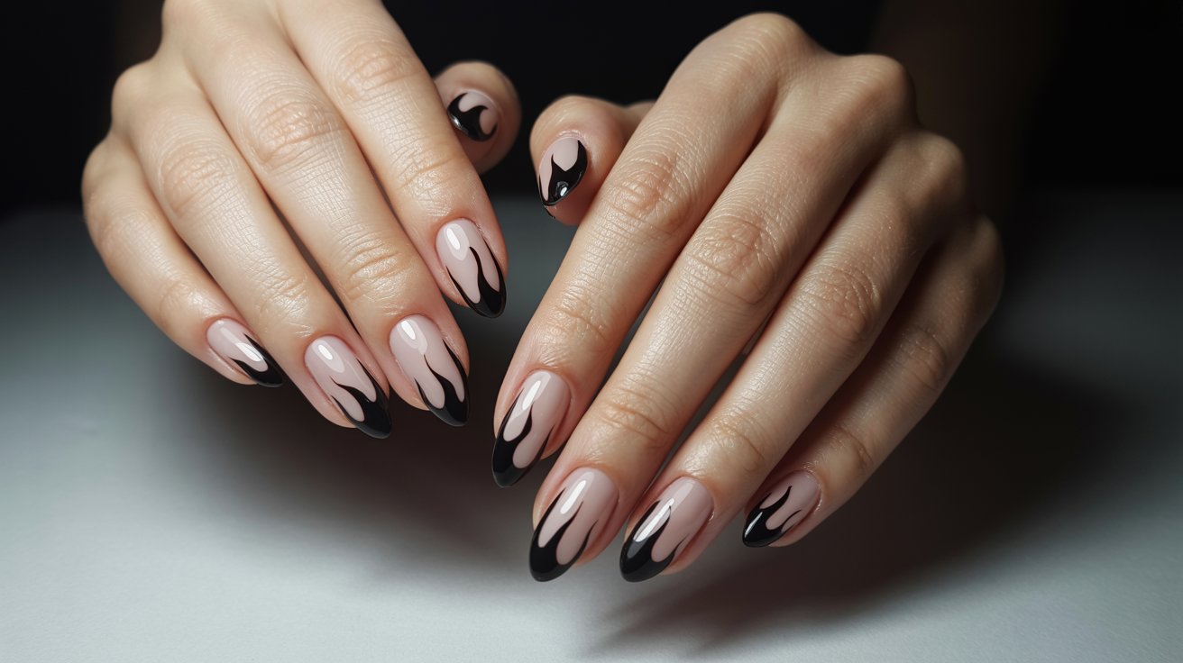 Nude almond nails with black flame art creating a bold edgy contrast manicure design.