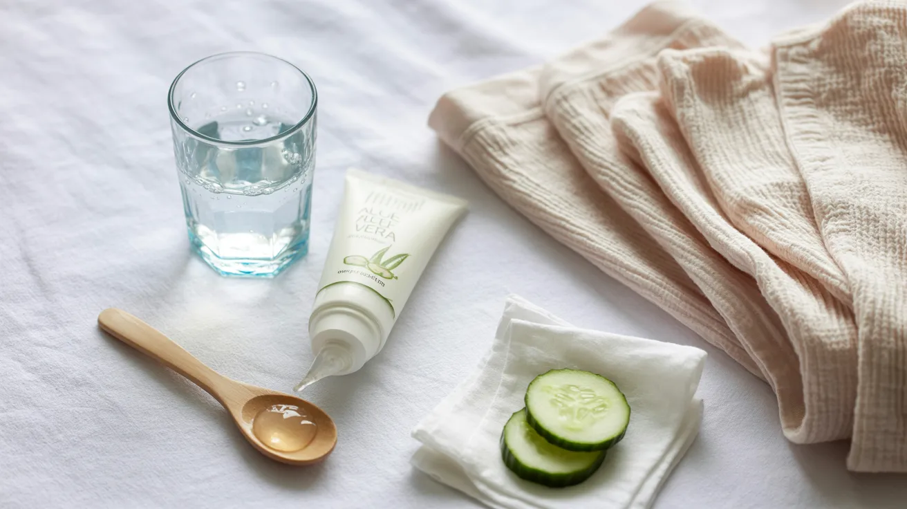 simple sunburn first aid routine showing cooling skin, hydration, aloe vera application, and loose clothing for early recovery care.
