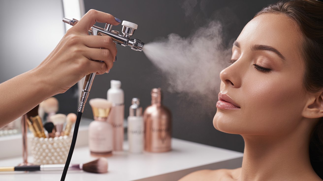 Soft airbrush makeup application creating flawless glowing skin in classy beauty studio with professional cosmetic tools