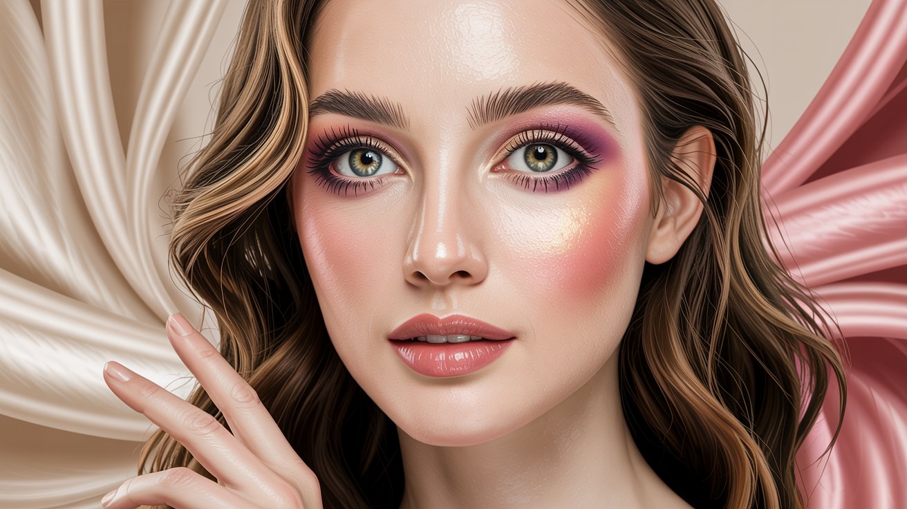 Woman with bright wide eyes, soft glam makeup, and youthful glowing skin in classy beauty portrait.