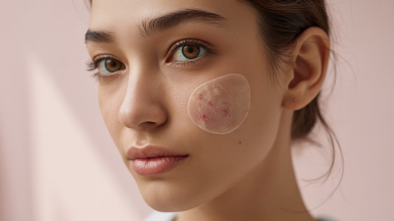 Close-up woman wearing hydrocolloid pimple patch over cystic acne with soft natural skincare-focused lighting.