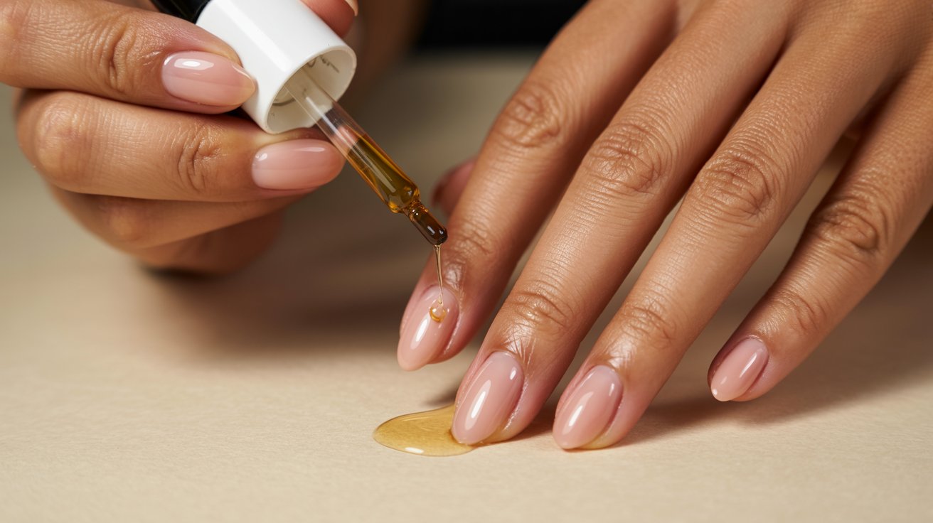 Cuticle oil applied around glossy dip nails for healthy hydrated manicure and polished final appearance