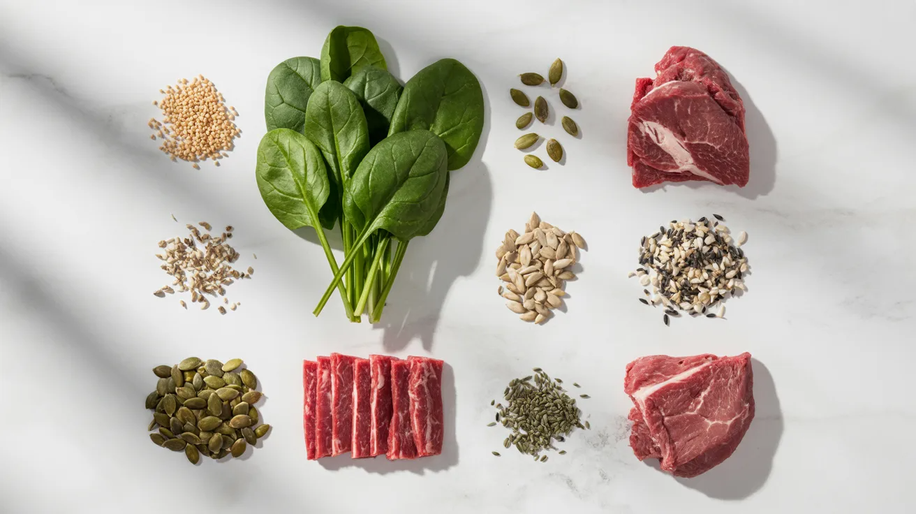 Iron and zinc rich foods supporting hair growth and reducing hair loss.