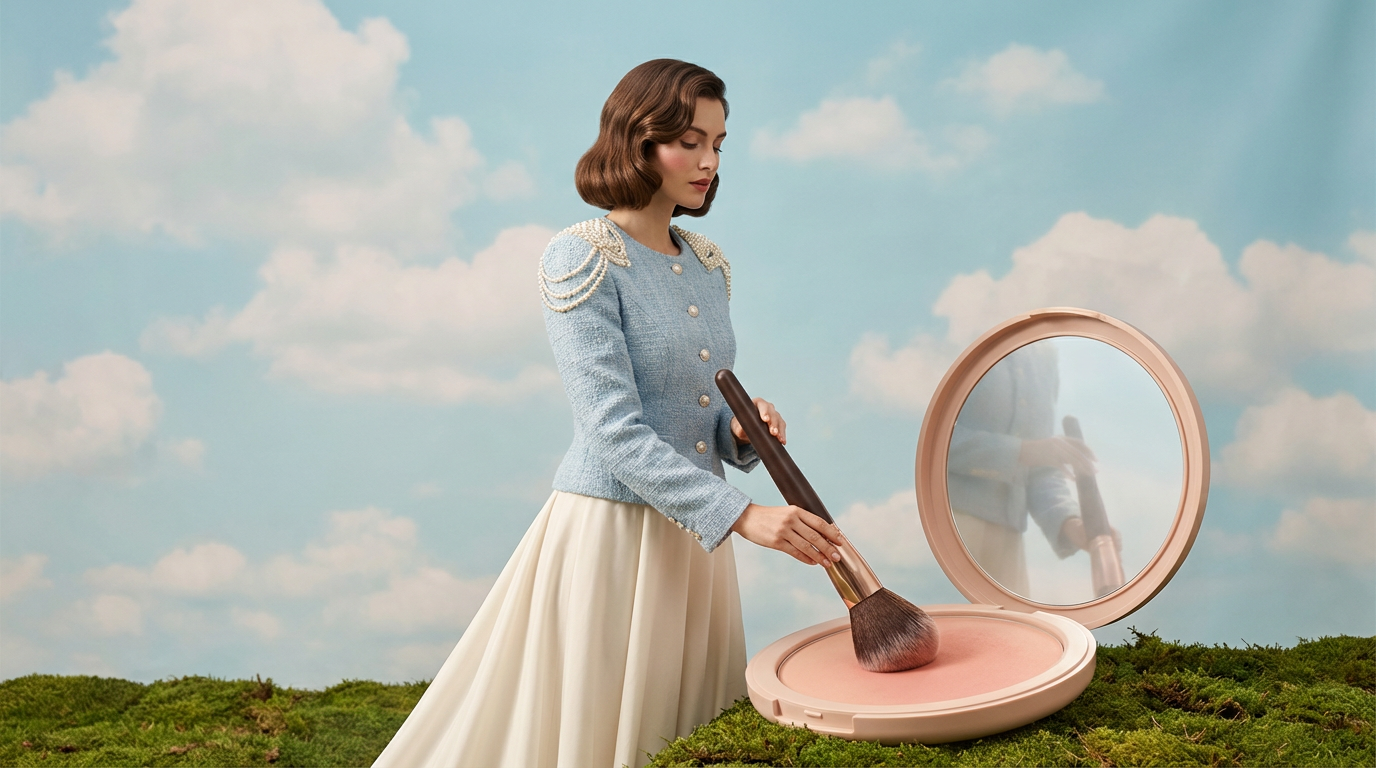 A woman in vintage attire with a blue jacket and white skirt uses an oversized makeup brush on a giant blush compact in a whimsical, surreal setting.