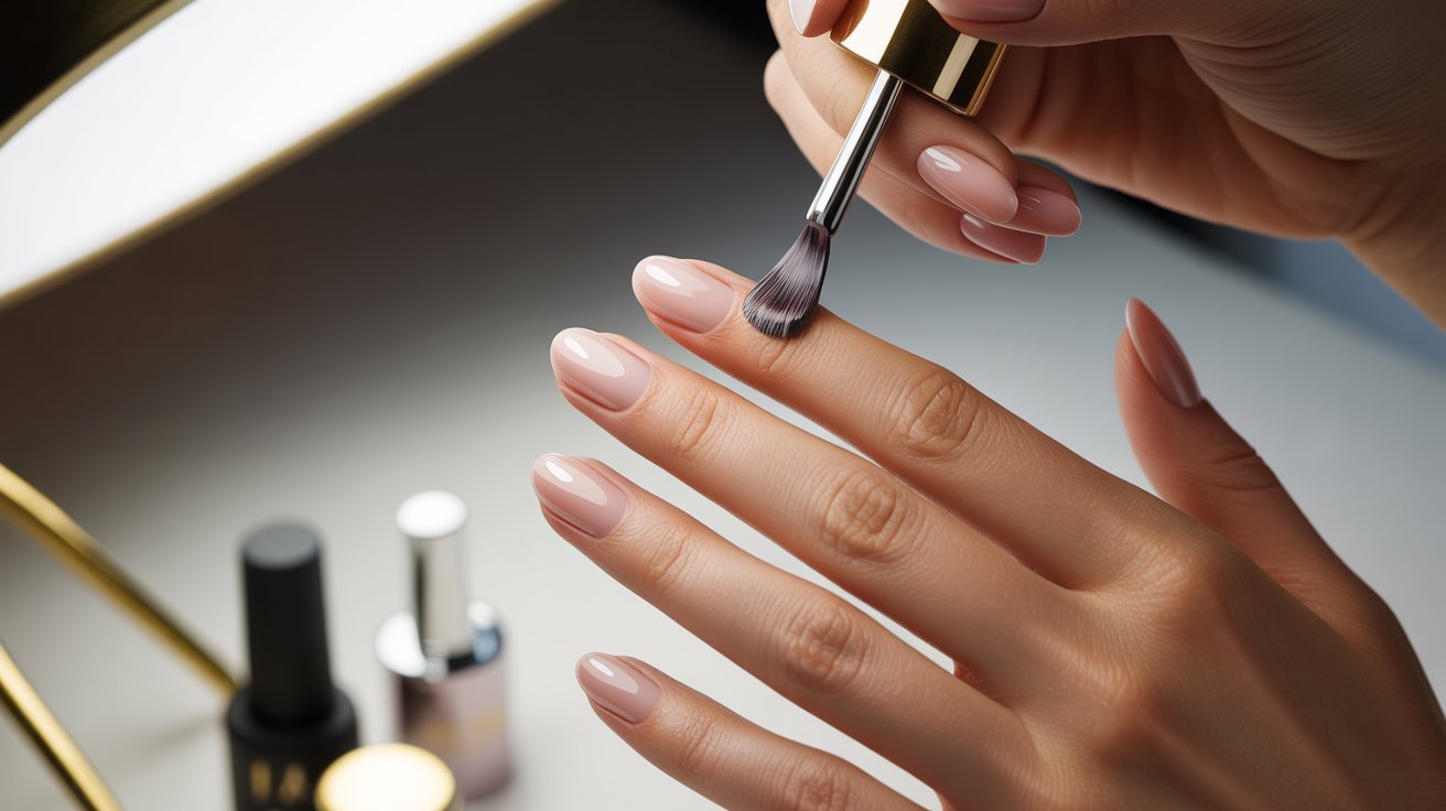 Glossy top coat applied over dip powder nails for shiny smooth long-lasting manicure finish