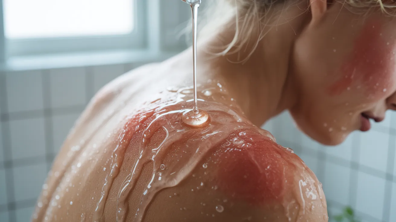 close-up of aloe vera gel being applied to sunburned skin, showing cooling soothing relief with soft natural lighting.