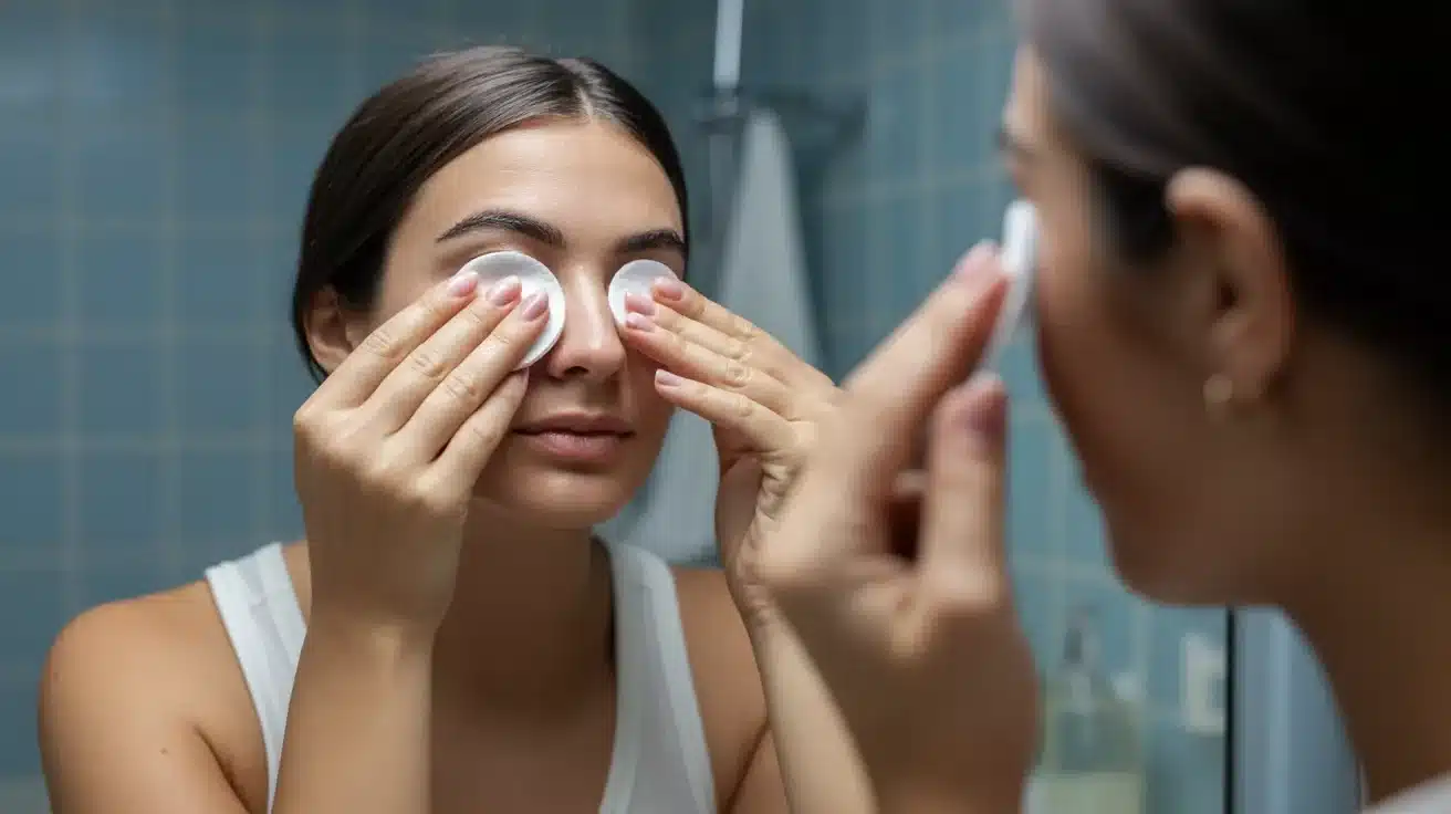 Cleaning eyelids gently with a cotton pad and removing makeup to prevent under-eye bumps and clogged glands