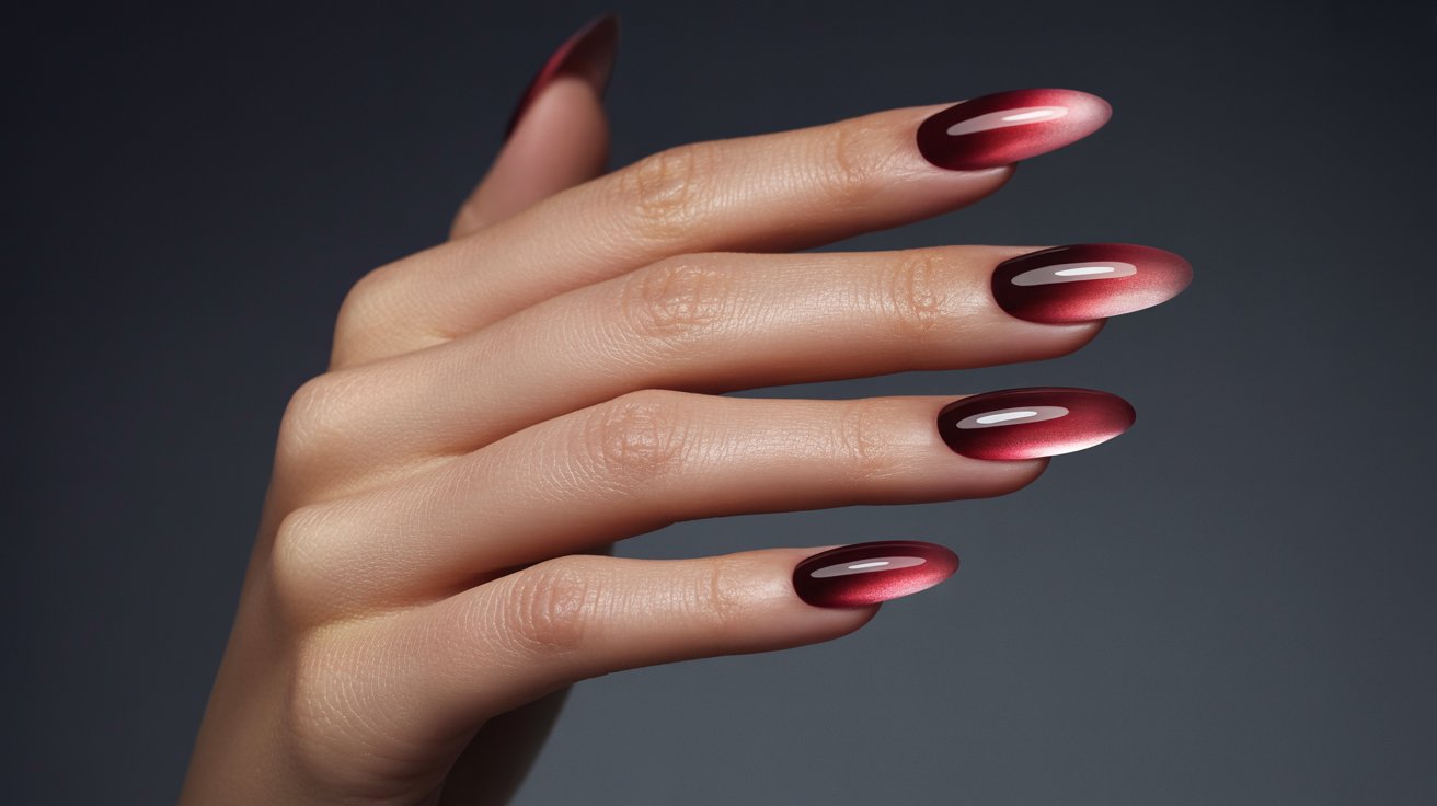 Red aura almond nails with smoky gradient glow creating a dramatic and modern manicure appearance.