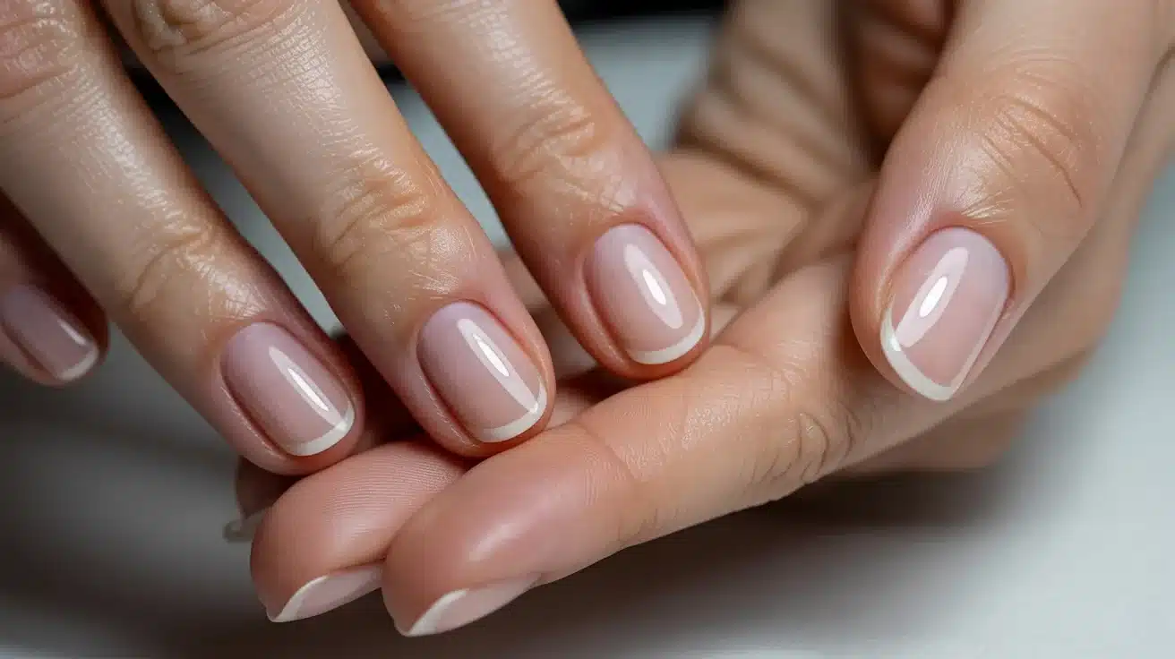 close-up of builder gel being applied on natural nails showing smooth strengthening layer used for nail enhancement and durability.
