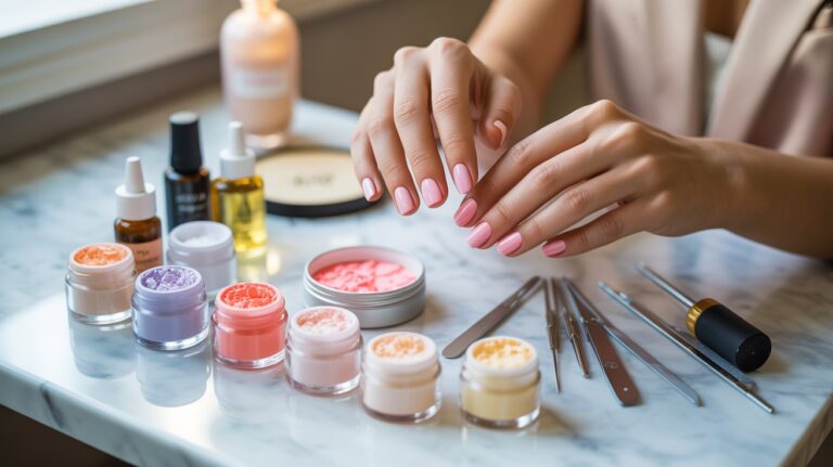 Soft pink dip powder manicure setup with nail tools and elegant at-home beauty workspace arrangement