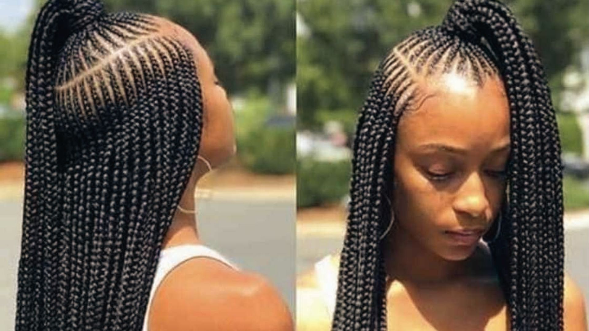 Half up half down feed in braids with high ponytail, long loose braids, and clean side parts
