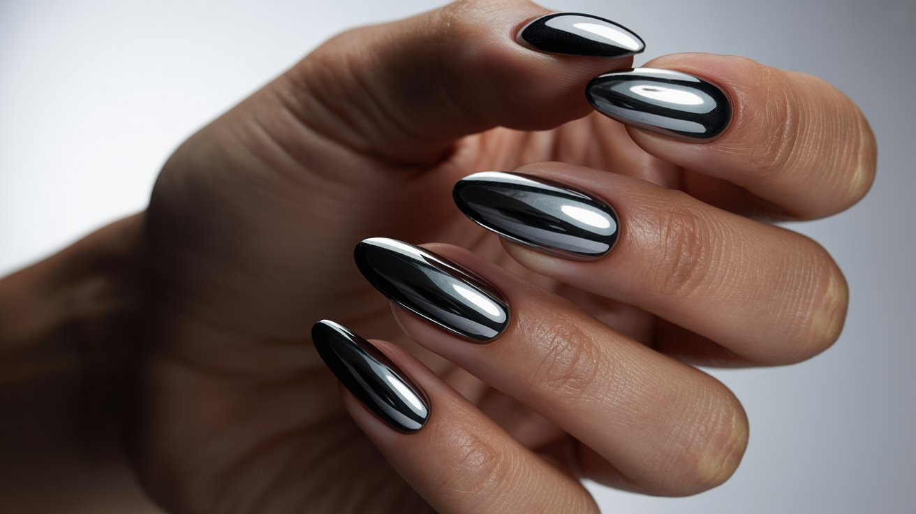 Glossy black chrome almond nails with reflective finish creating a sleek bold and luxurious manicure look.
