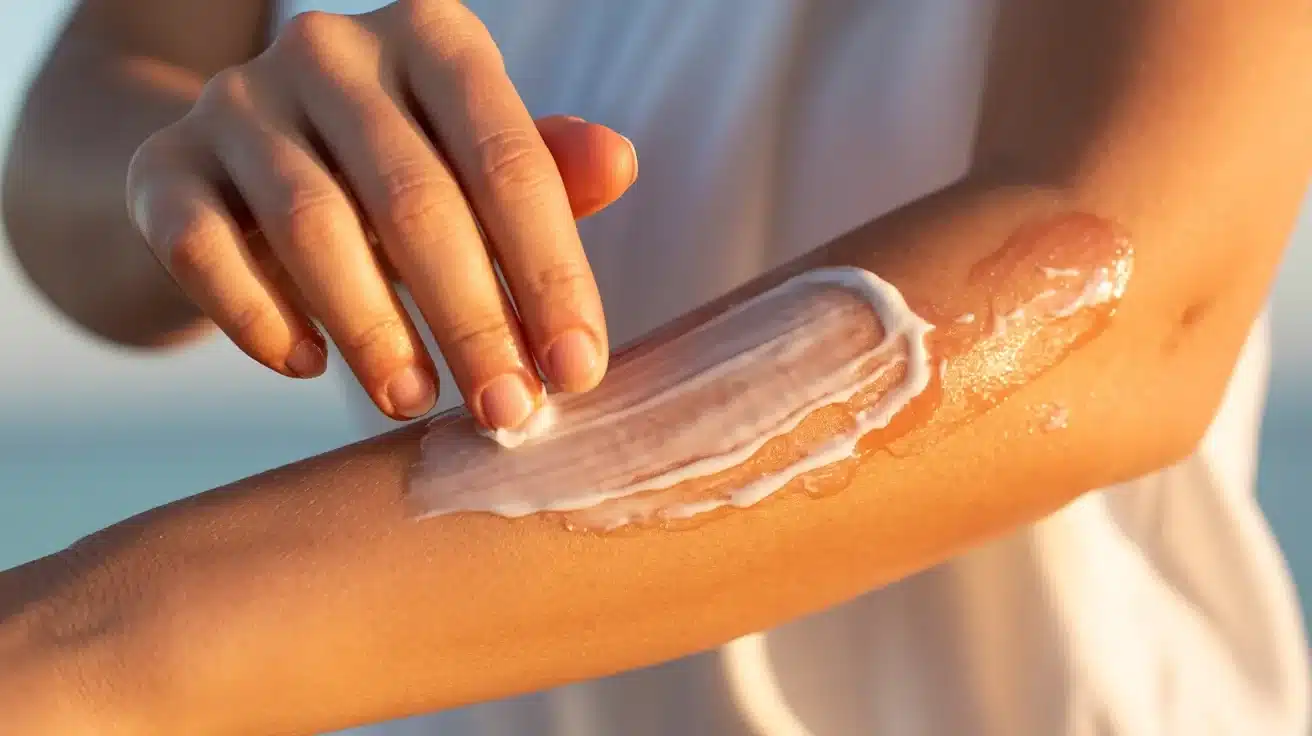 coconut oil gently applied to skin after sunburn cooling phase for deep moisturization and healing.