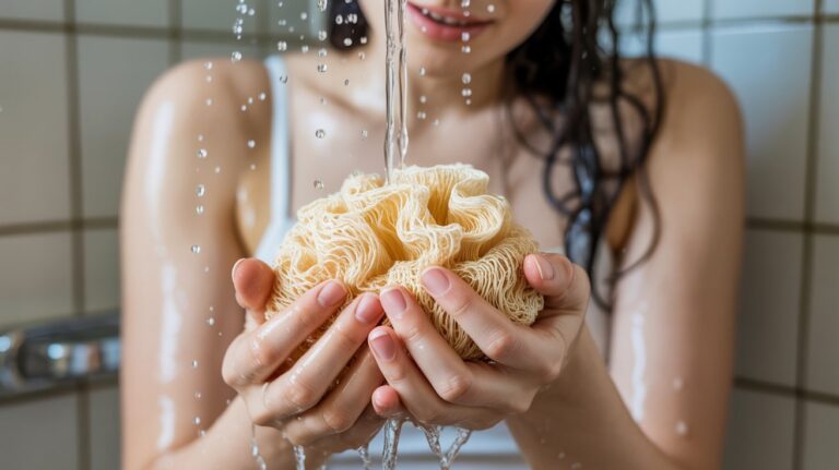 Close-up of a woman holding a loofah during her shower routine.