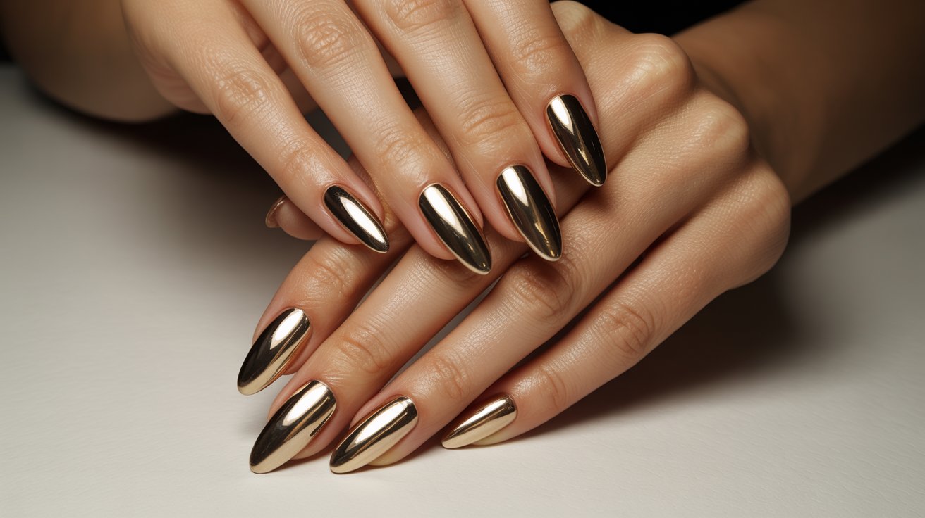 Gold chrome almond nails with reflective metallic shine creating a glamorous luxurious manicure style.