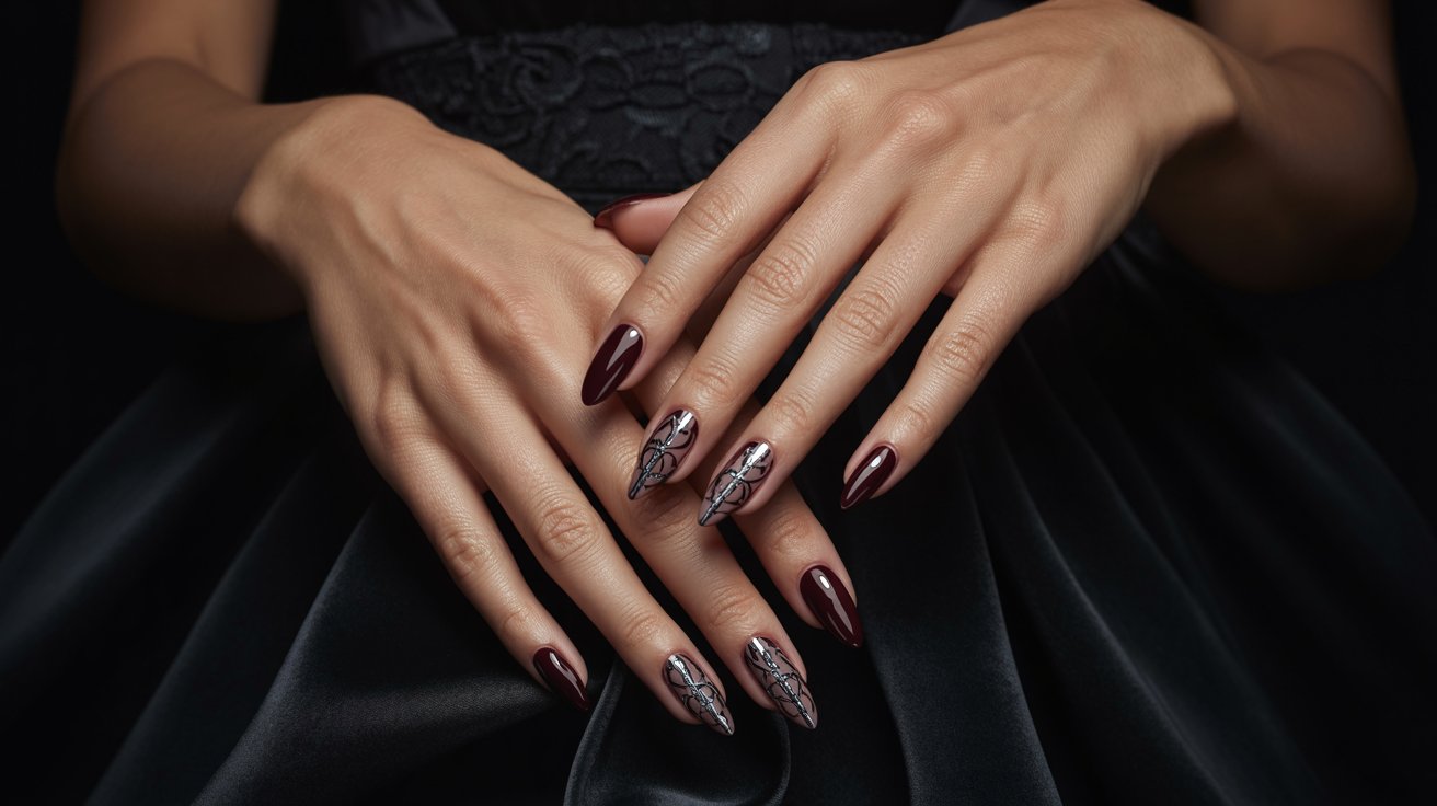 Gothic burgundy almond nails with dark classy details and dramatic moody manicure aesthetic.