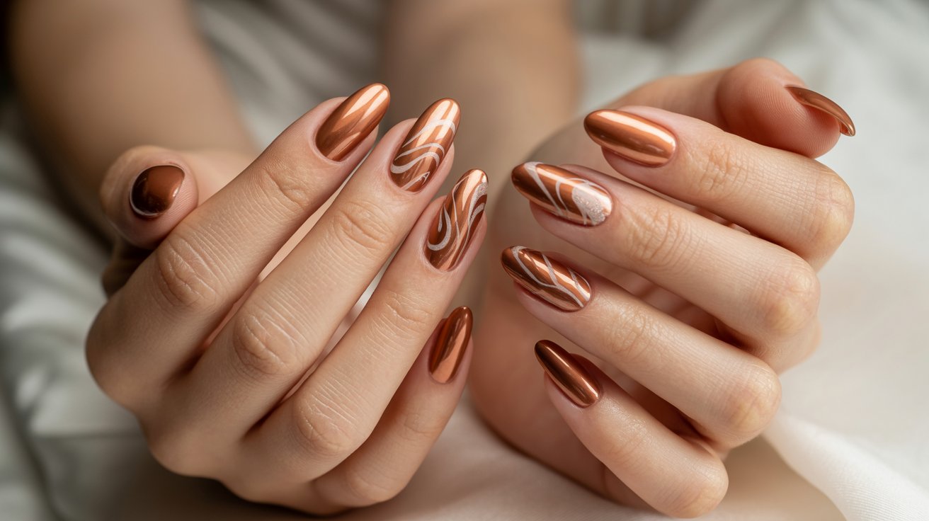Brown chrome swirl almond nails with warm metallic shine and modern artistic manicure details.