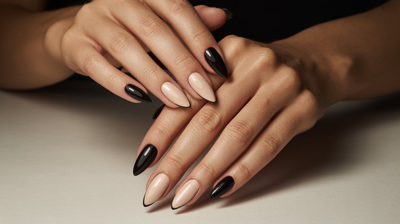 Black and nude contrast almond nails with clean modern styling and edgy manicure details.