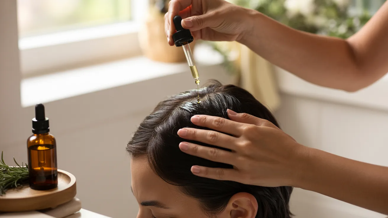 Rosemary oil scalp massage supporting hair growth and reducing hair thinning.