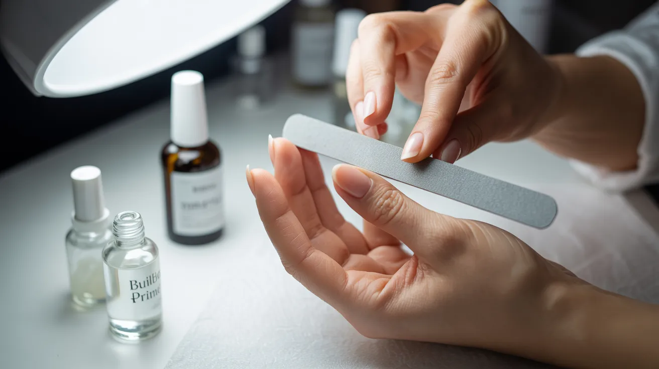 close-up of nail preparation showing buffing, cuticle care, and primer application before builder gel for strong adhesion and long-lasting nails.