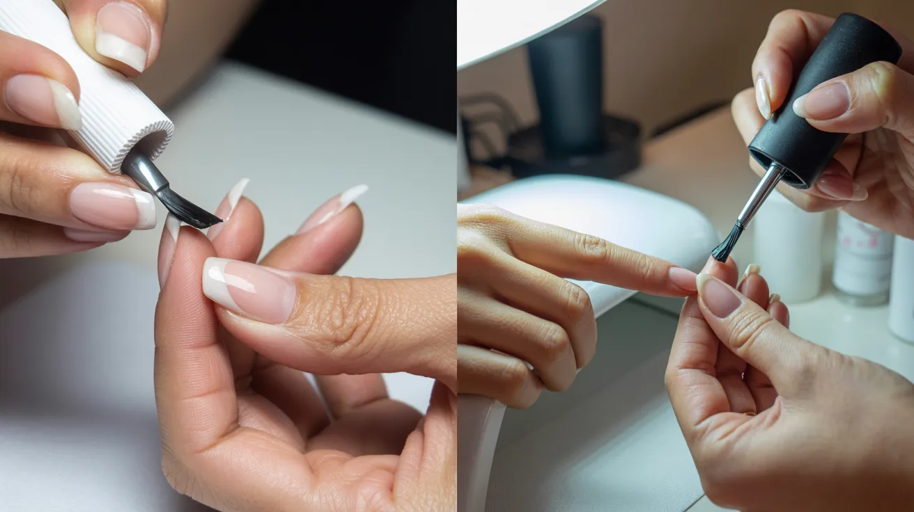 comparison of builder gel and regular gel application processes showing complex layered methods versus simple polish steps.