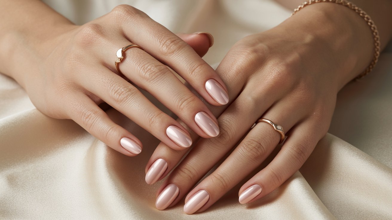 Close-up of classy oval nail shapes with glossy nude manicure and soft natural lighting.