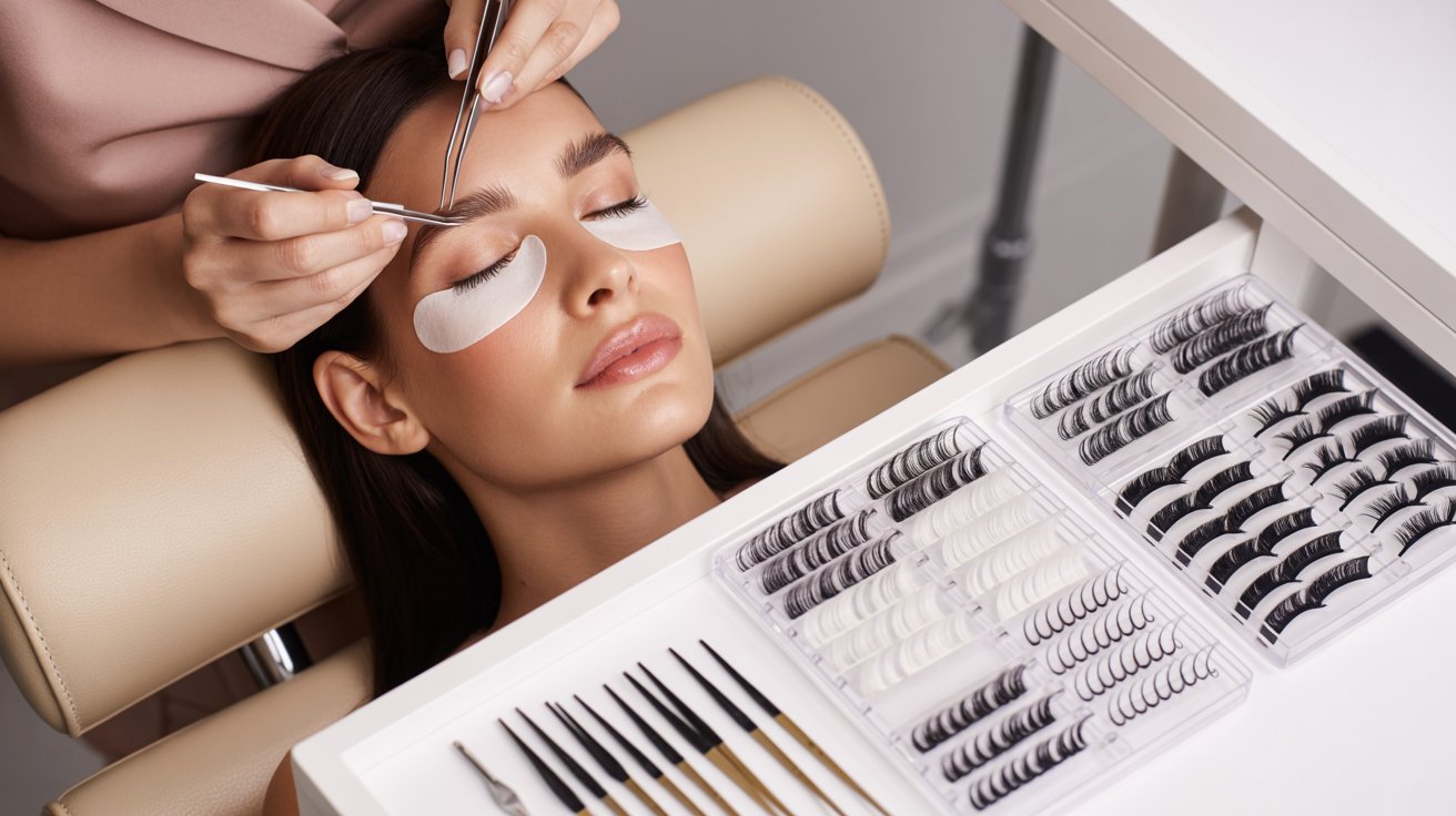 Lash artist reviewing eyelash extension chart beside client showing curls lengths and thickness variations beautifully arranged