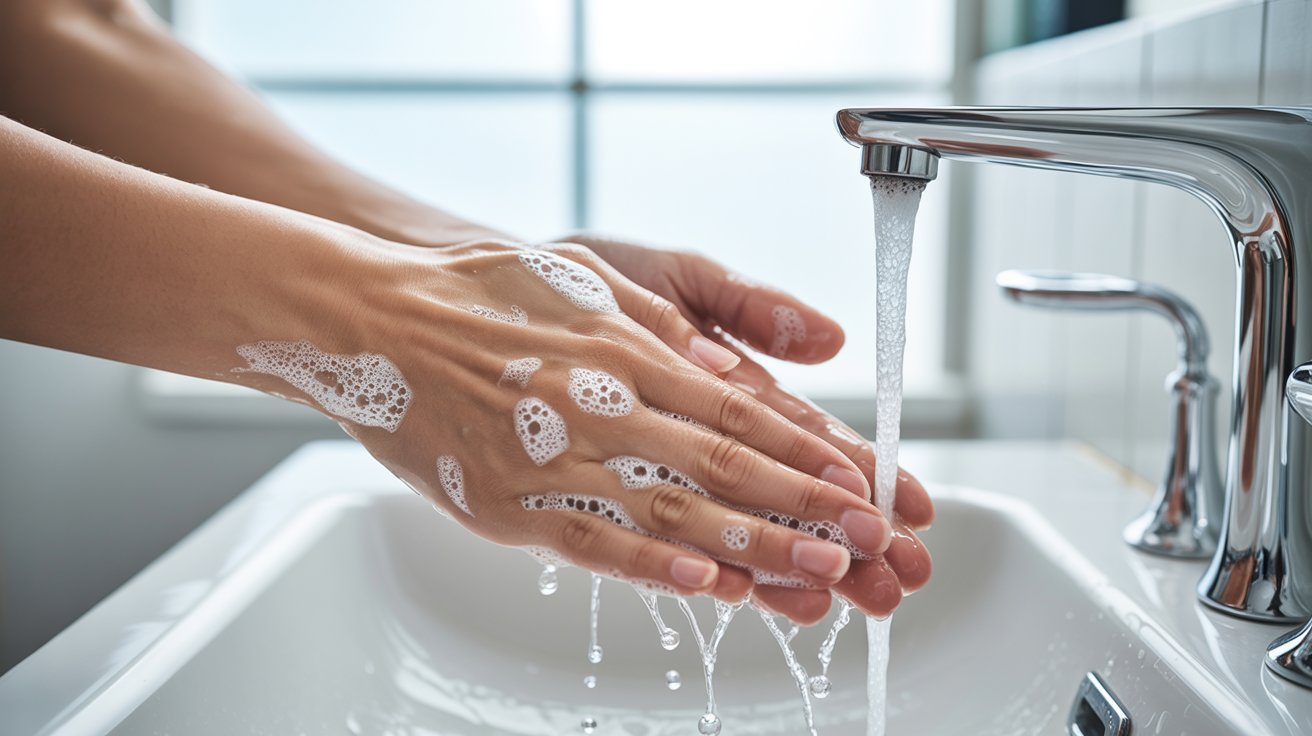 Person washing hands carefully with soap and warm water before safely touching sensitive irritated eye.