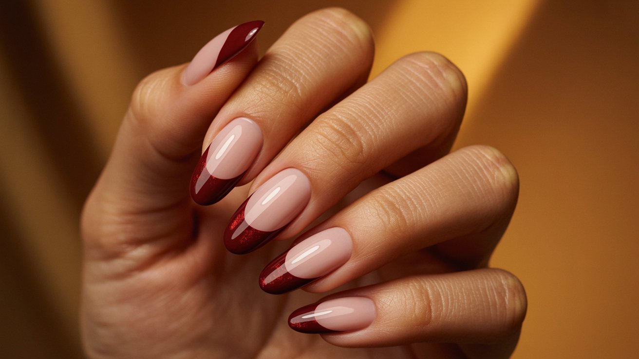 Burgundy velvet French tip almond nails with rich shimmer texture and classy moody beauty aesthetic.