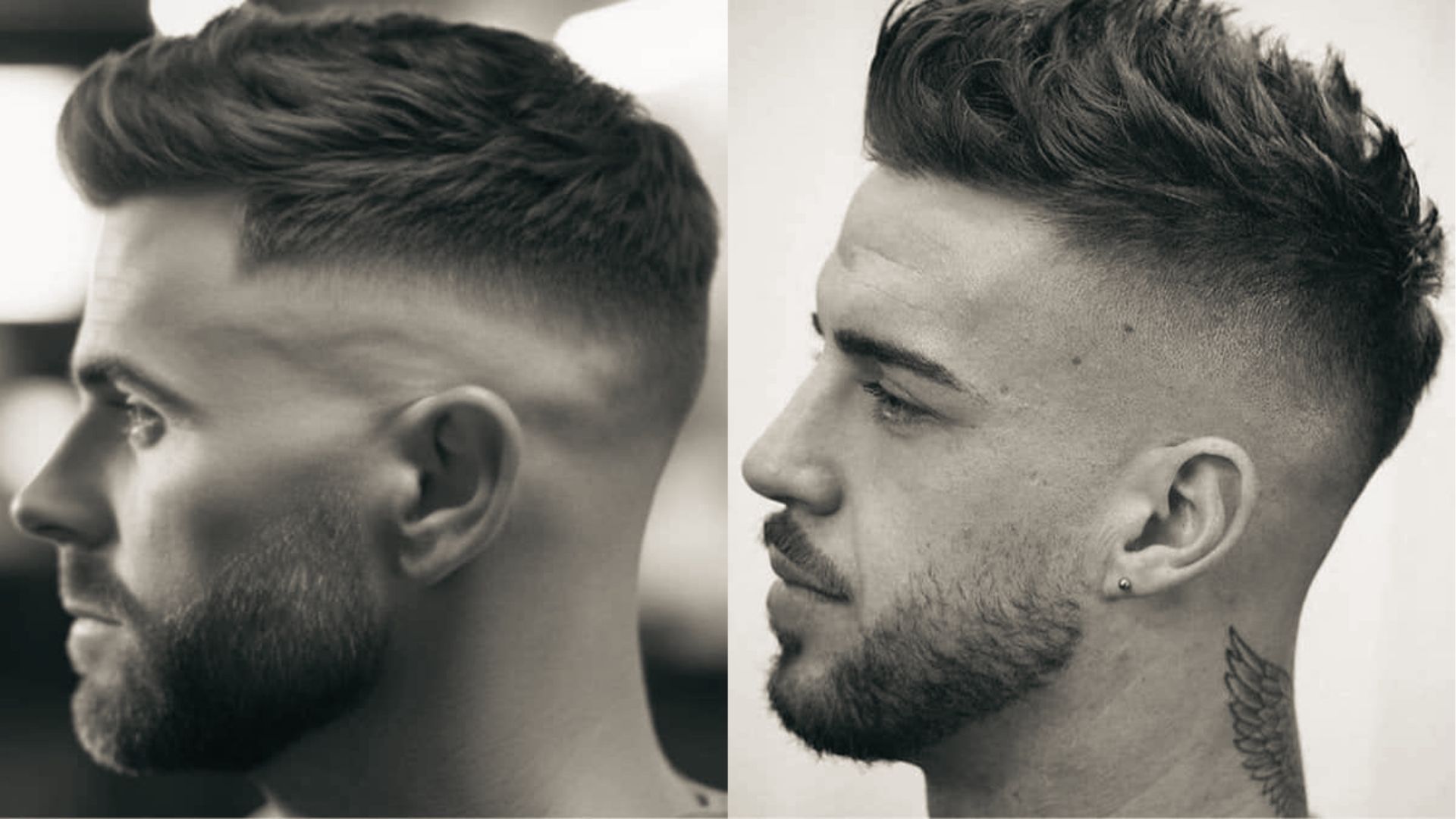 Black and white profiles contrast high fade’s sharp temples with low fade’s subtle neckline taper.