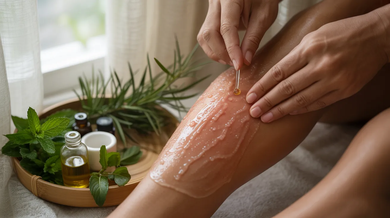 diluted peppermint and tea tree oil mixture applied to sunburned skin for cooling relief and healing support.