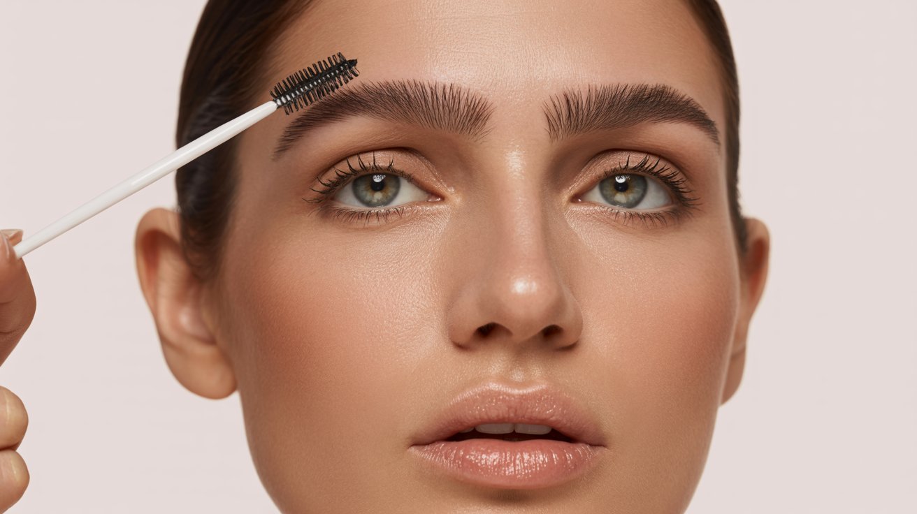Woman brushing brows upward with brow gel for lifted and more open-looking eyes naturally.