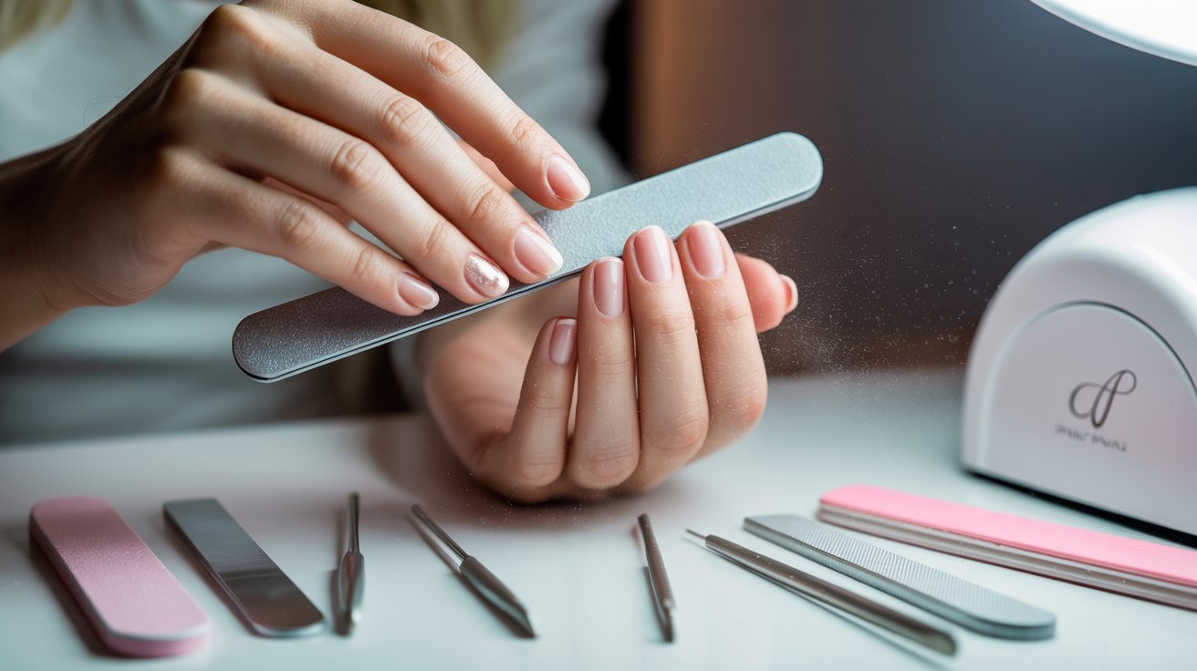 Dip powder nails being shaped and buffed smoothly with manicure tools on elegant beauty table